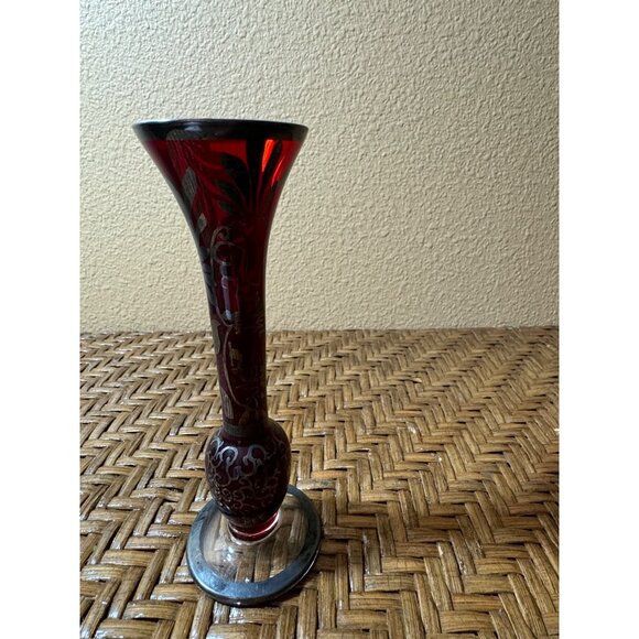 Vintage Bohemian Ruby Red Glass Vase Silver Overlay Floral Design Clear Base - Picture 3 of 9